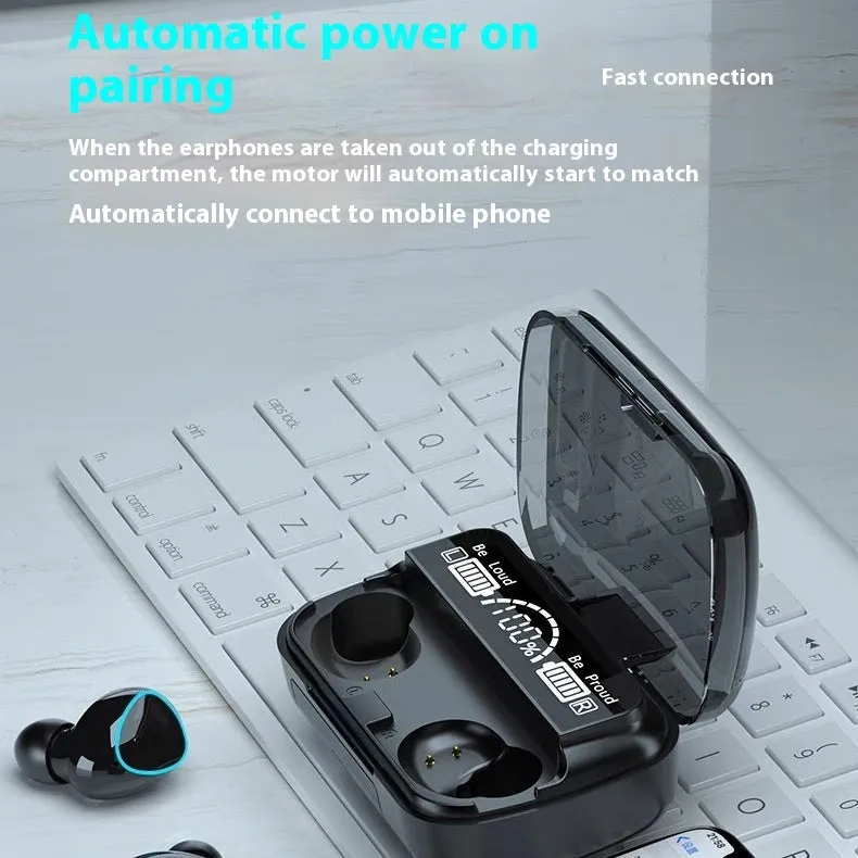 Black wireless Bluetooth earbuds with digital display charging case and magnetic charging