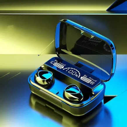 Black wireless Bluetooth earbuds with digital display charging case and magnetic charging