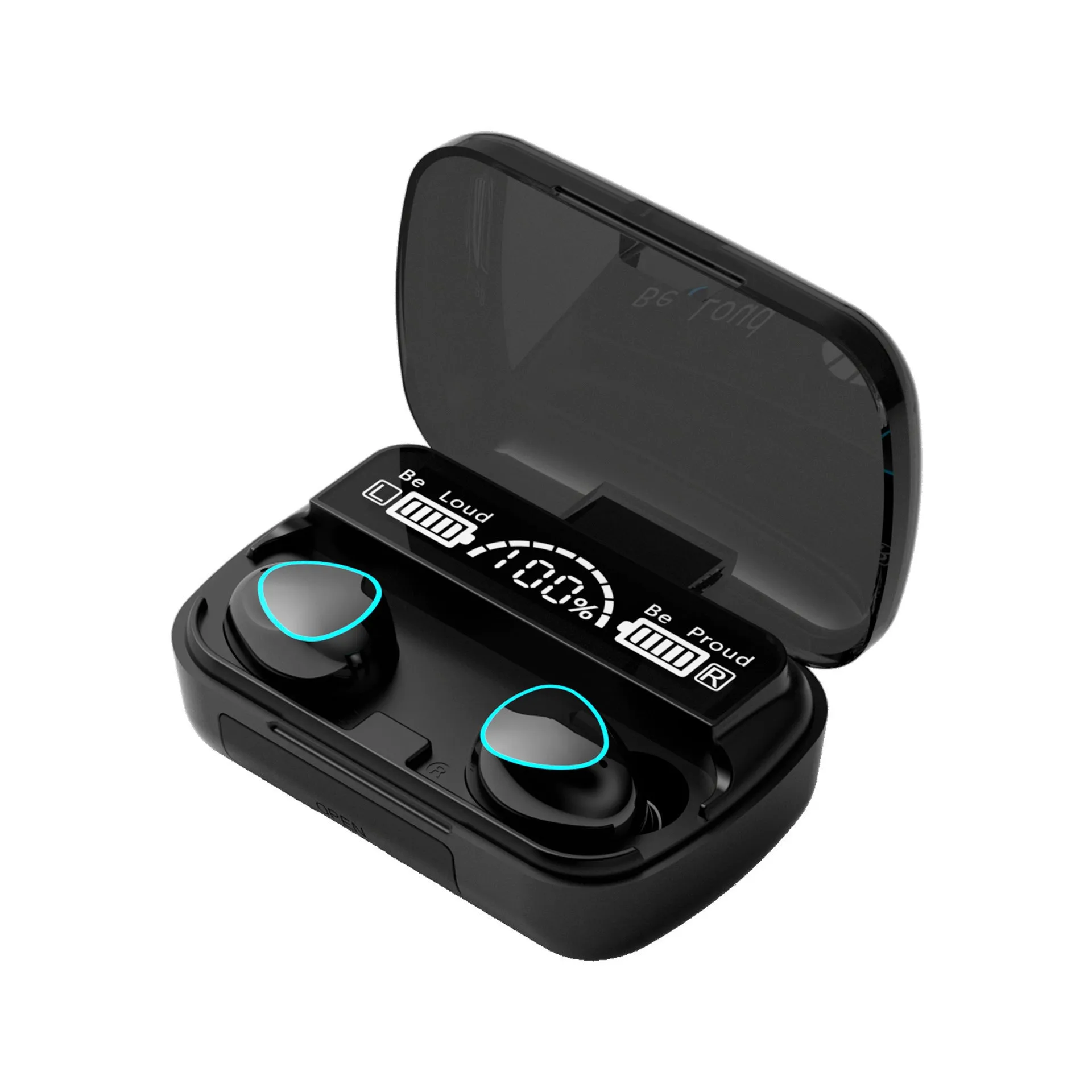 Black wireless Bluetooth earbuds with digital display charging case and magnetic charging