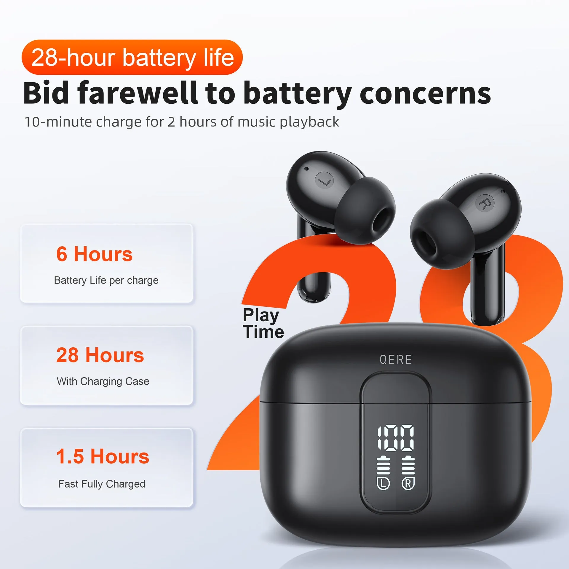 Wireless Bluetooth in-ear headset with digital display, black colour, ABS material