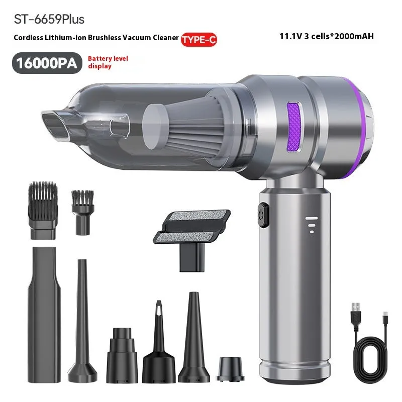 Suction and blowing dual-purpose mini handheld car cleaner in silver purple with power display and Type-C charging