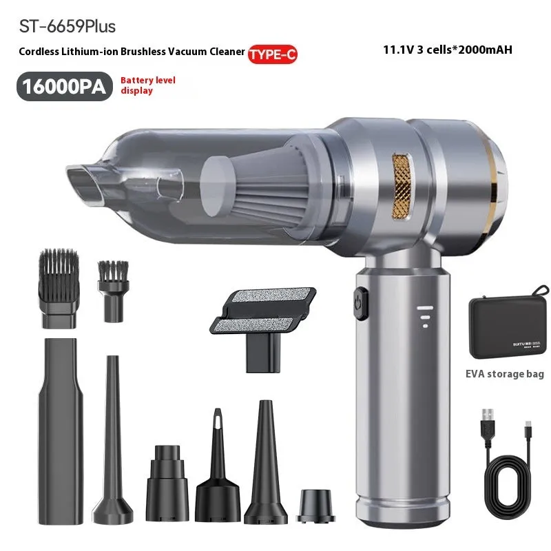 Suction and blowing dual-purpose mini handheld car cleaner in silver purple with power display and Type-C charging