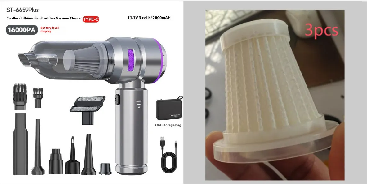 Suction and blowing dual-purpose mini handheld car cleaner in silver purple with power display and Type-C charging