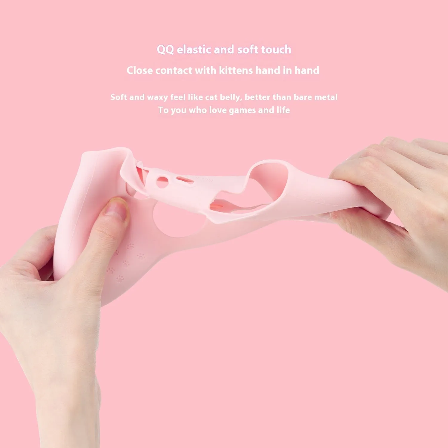Cat ear silicone game controller cover in Pink with joystick caps and sticker on a white background
