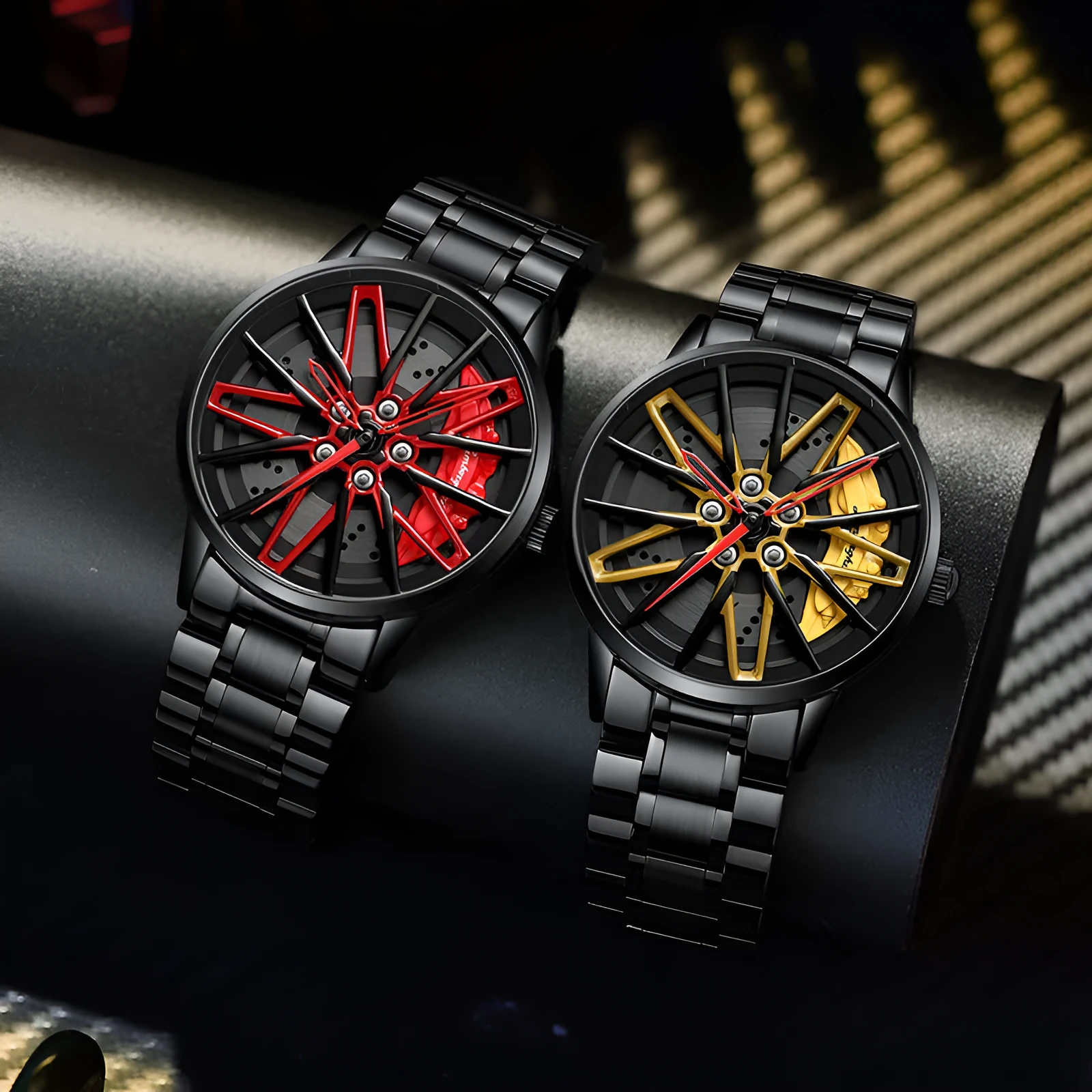 Three-dimensional hollow car inspired forged men's quartz watch with rotating steel belt in all black red colour