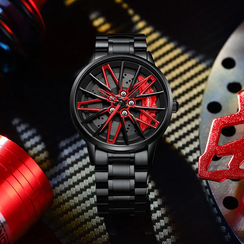 Three-dimensional hollow car inspired forged men's quartz watch with rotating steel belt in all black red colour