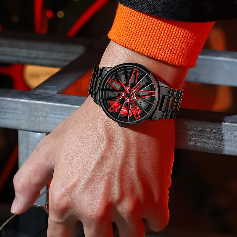 Three-dimensional hollow car inspired forged men's quartz watch with rotating steel belt in all black red colour