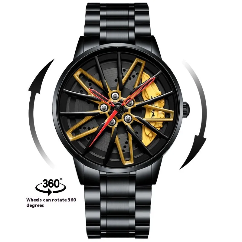 Three-dimensional hollow car inspired forged men's quartz watch with rotating steel belt in all black red colour