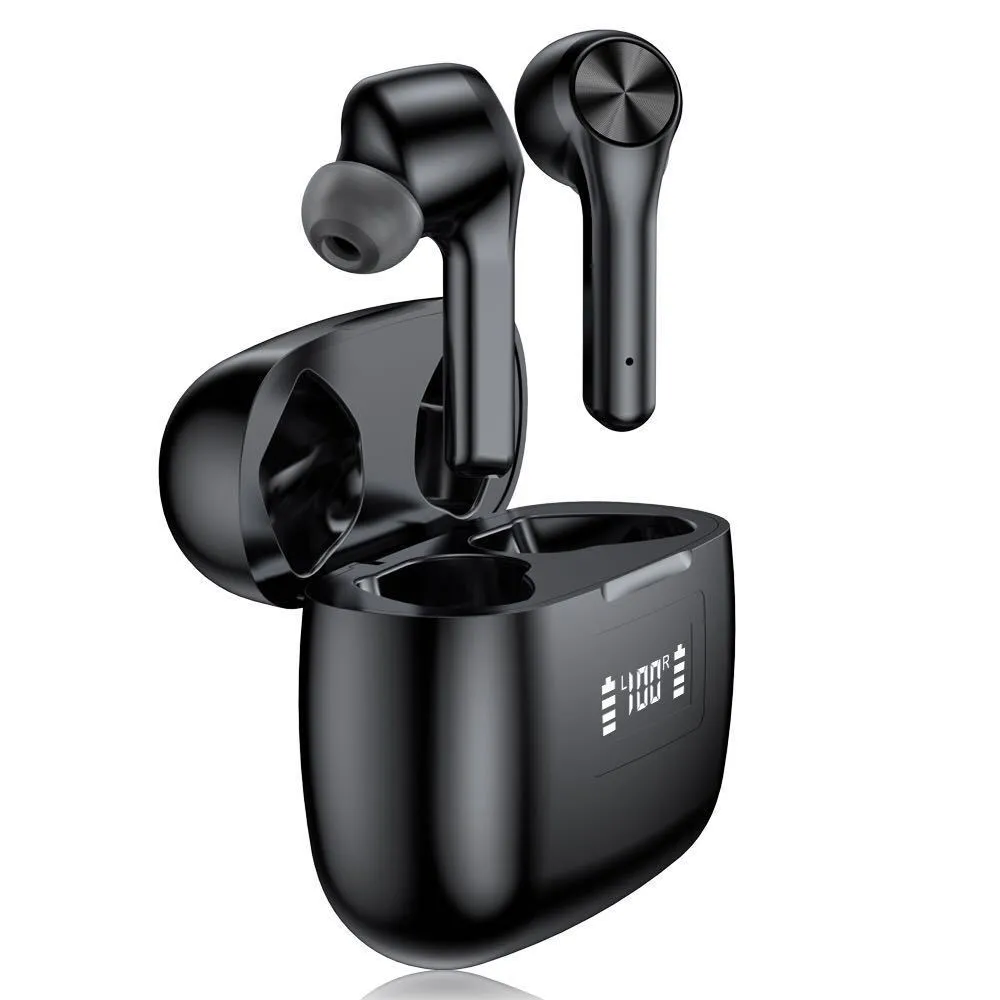 Cool black wireless stereo earphones with touch controls and charging case