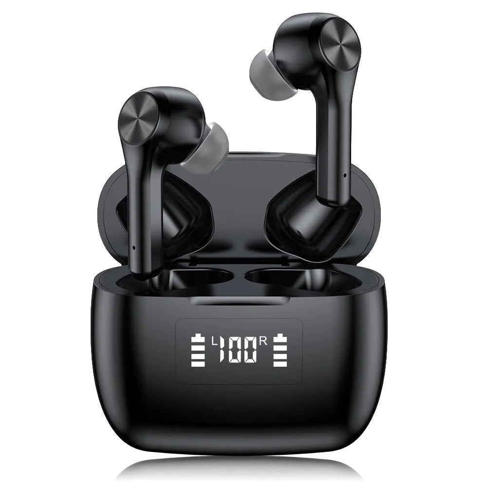 Cool black wireless stereo earphones with touch controls and charging case