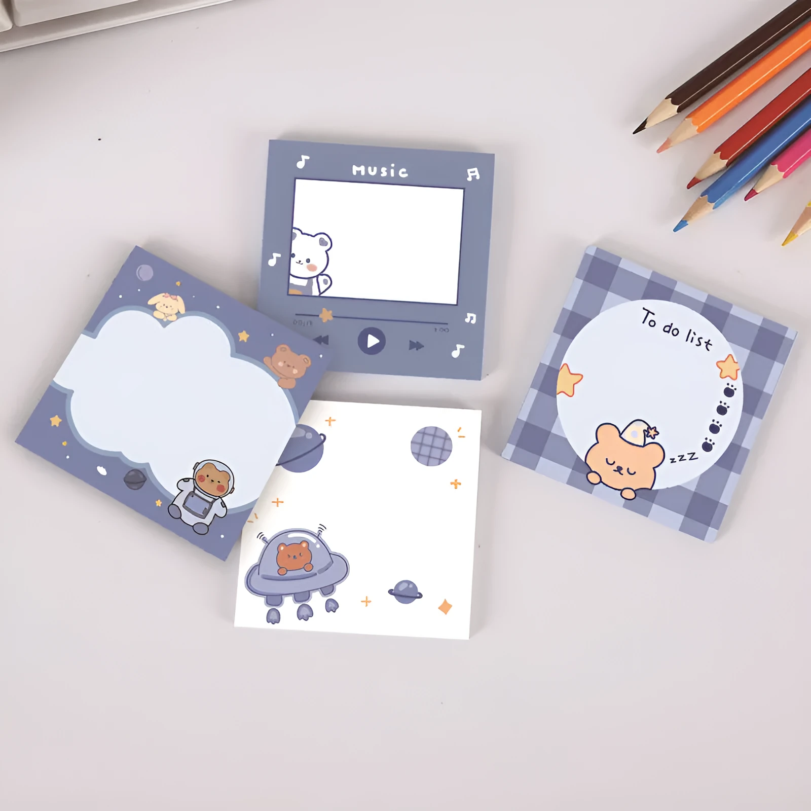 Cute cartoon bear sticky notes 8x8cm with 50 sheets, showing a Happy Bear design on a yellow background