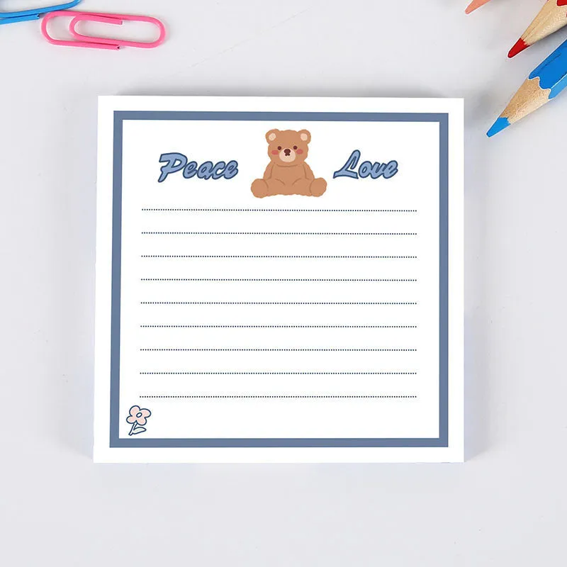 Cute cartoon bear sticky notes 8x8cm with 50 sheets, showing a Happy Bear design on a yellow background