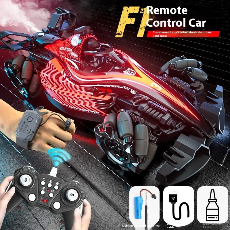 Red F1 four-wheel drive spray racing gesture sensing remote-control car with drift feature and plastic body