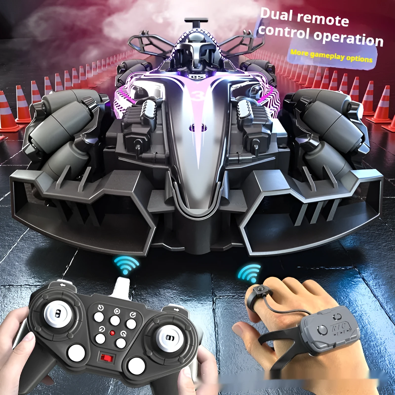 Red F1 four-wheel drive spray racing gesture sensing remote-control car with drift feature and plastic body