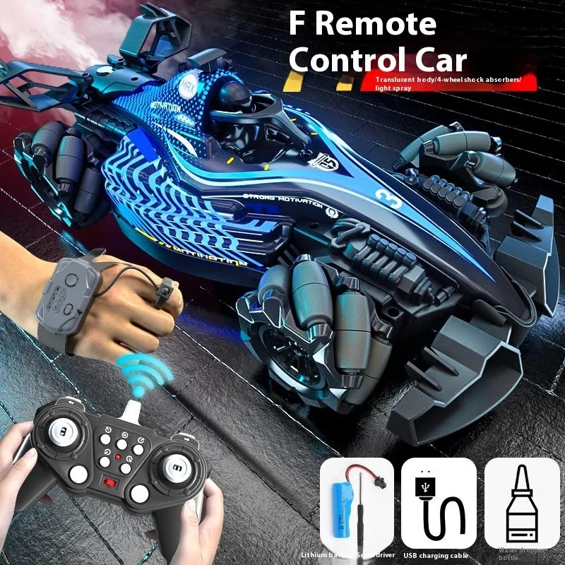 Red F1 four-wheel drive spray racing gesture sensing remote-control car with drift feature and plastic body