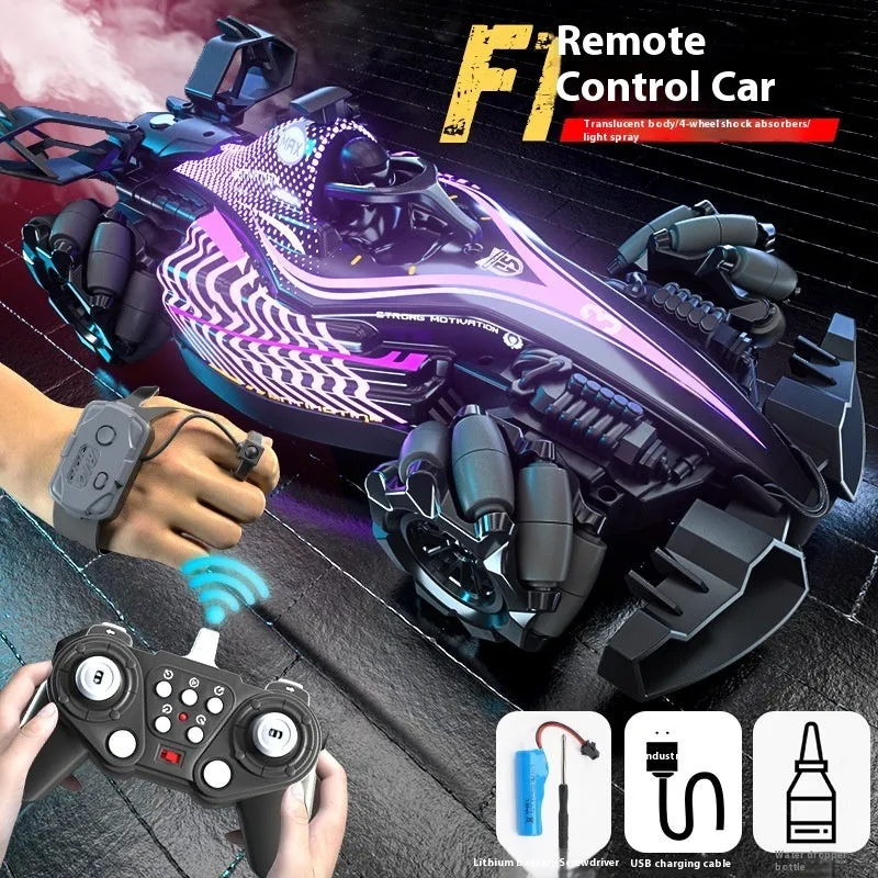 Red F1 four-wheel drive spray racing gesture sensing remote-control car with drift feature and plastic body