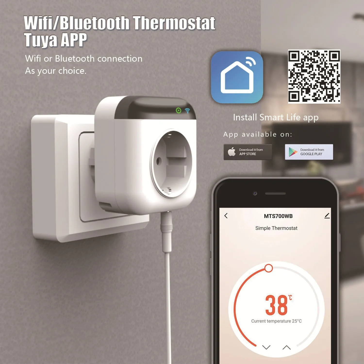White Tuya WiFi smart temperature control socket with US plug and external temperature sensor probe.