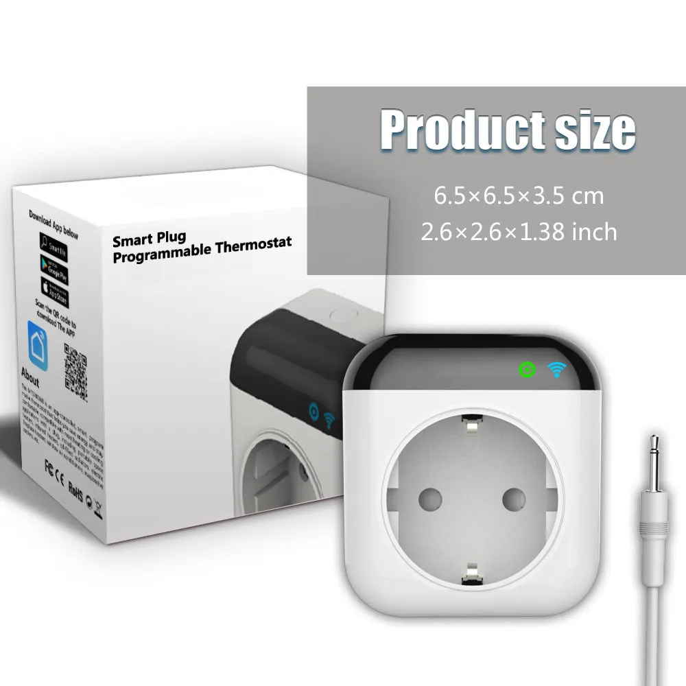 White Tuya WiFi smart temperature control socket with US plug and external temperature sensor probe.
