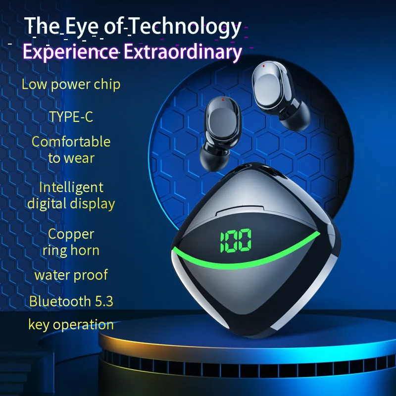 Wireless Bluetooth headset with digital display charging case in Black, in-ear design, USB 3.0 port