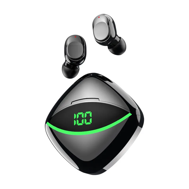 Wireless Bluetooth headset with digital display charging case in Black, in-ear design, USB 3.0 port