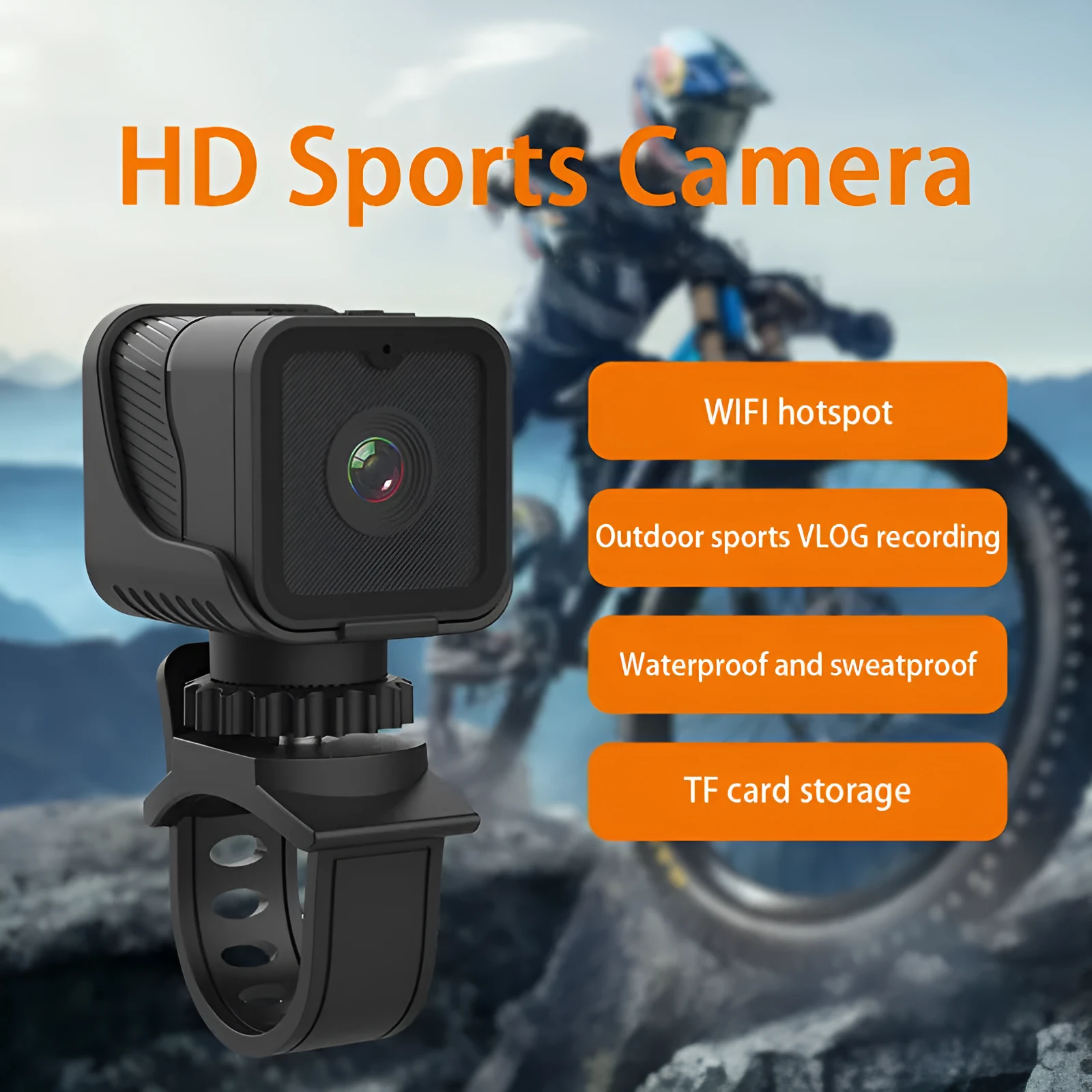 Z03 black outdoor sports waterproof HD 1080p camera with WIFI remote control, shown with mounting base and USB cable