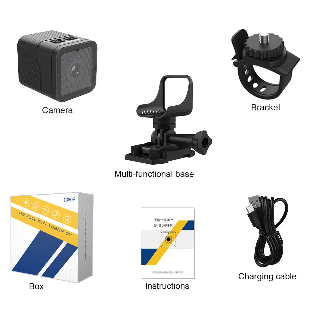 Z03 black outdoor sports waterproof HD 1080p camera with WIFI remote control, shown with mounting base and USB cable