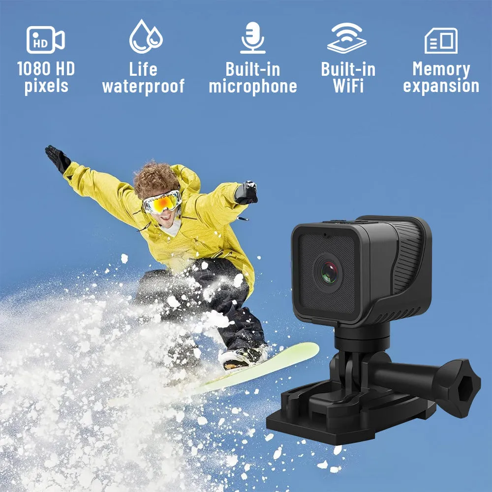 Z03 black outdoor sports waterproof HD 1080p camera with WIFI remote control, shown with mounting base and USB cable