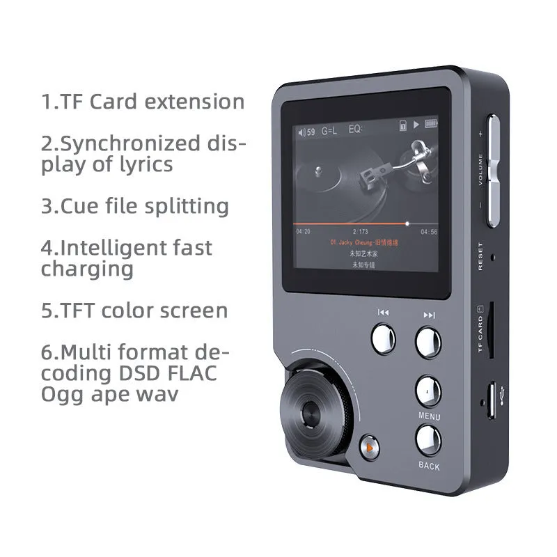 Master HIFI lossless DSD256 music player Silver Gray with 2-inch screen and push-button controls