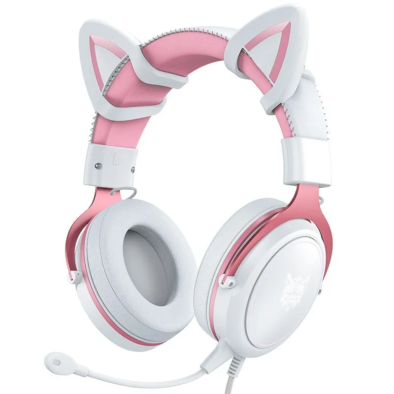 White wired gaming headset with pink cat ears, 3.5mm plug, and braided cable