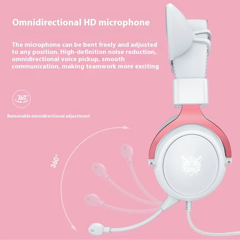 White wired gaming headset with pink cat ears, 3.5mm plug, and braided cable