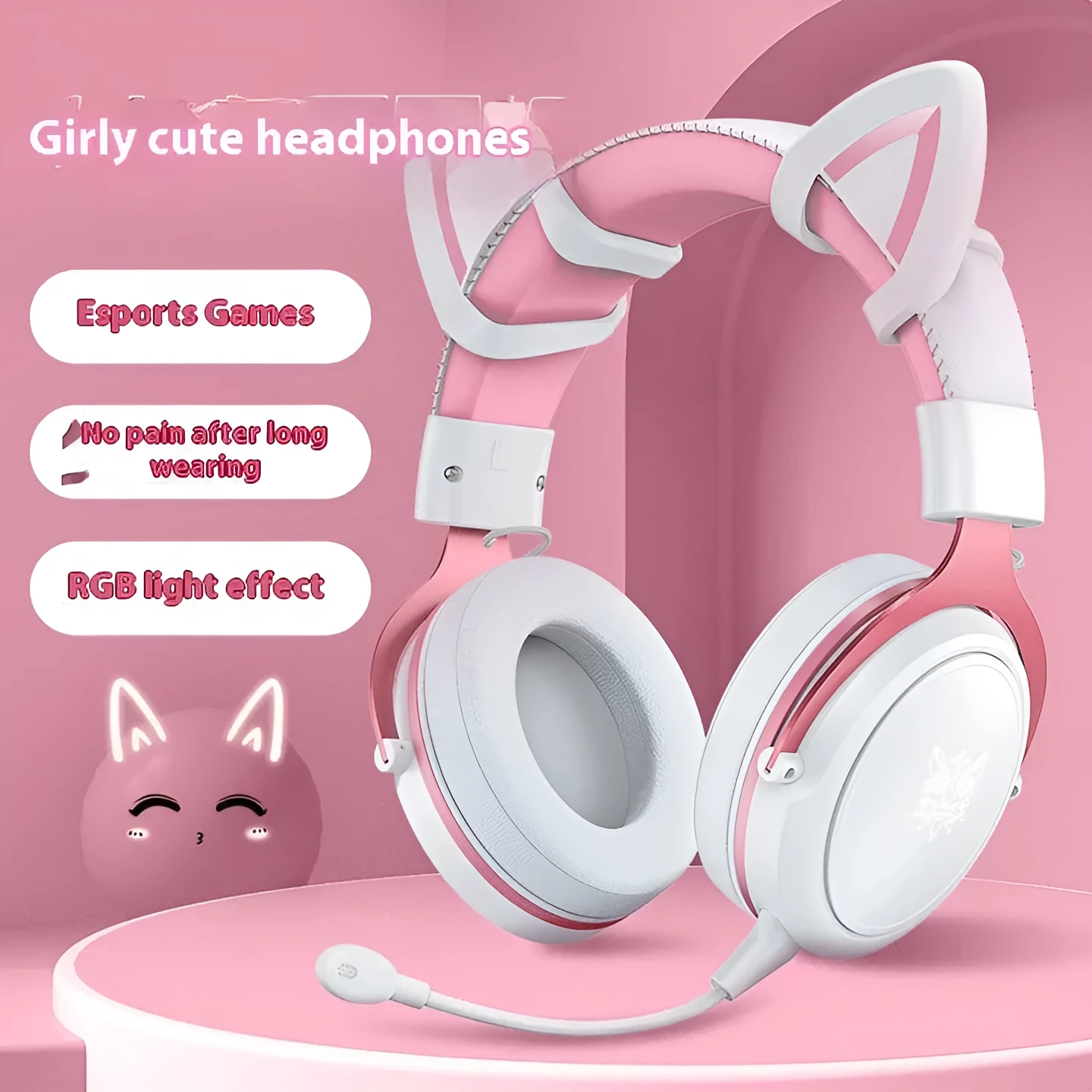 White wired gaming headset with pink cat ears, 3.5mm plug, and braided cable