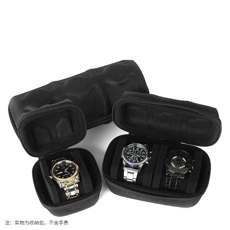 Black drop-resistant watch storage bag with EVA padding and velvet lining, 1 card position, on a flat surface