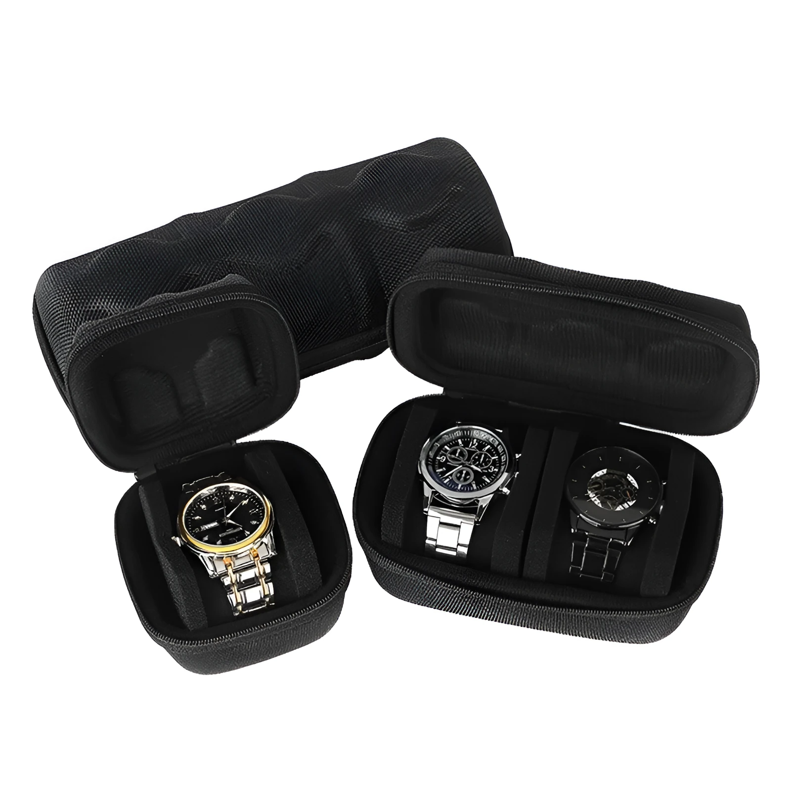 Black drop-resistant watch storage bag with EVA padding and velvet lining, 1 card position, on a flat surface