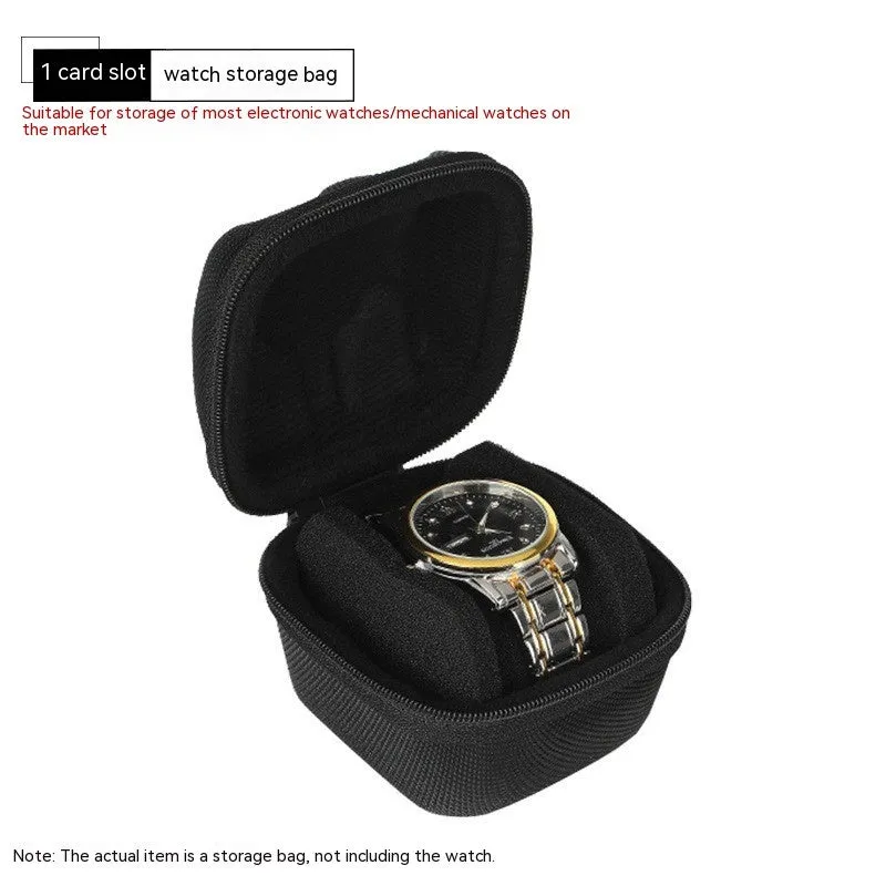 Black drop-resistant watch storage bag with EVA padding and velvet lining, 1 card position, on a flat surface