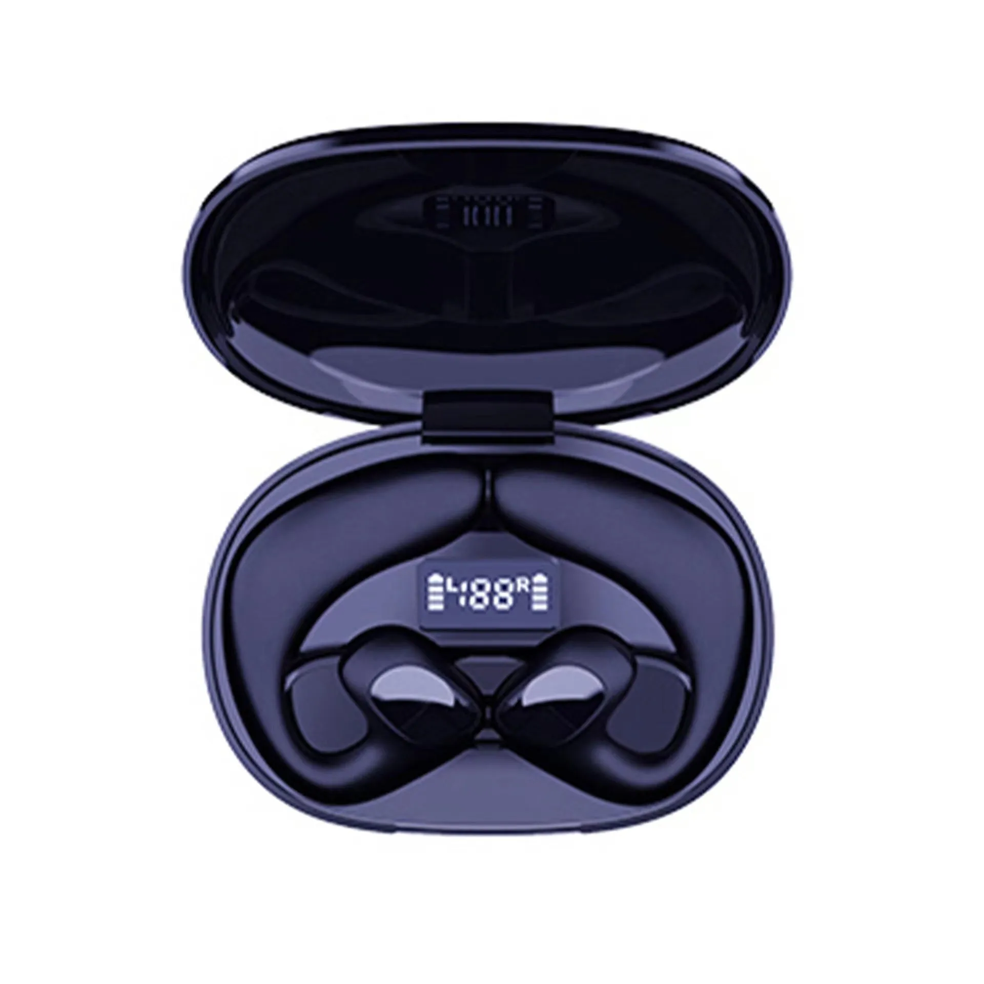 Wireless Bluetooth non-in-ear ear-mounted headset with digital display, available in black, blue, white, and skin colour