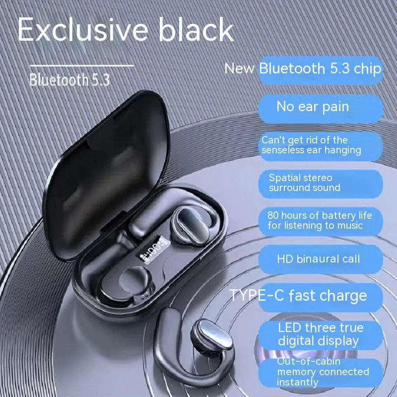 Wireless Bluetooth non-in-ear ear-mounted headset with digital display, available in black, blue, white, and skin colour
