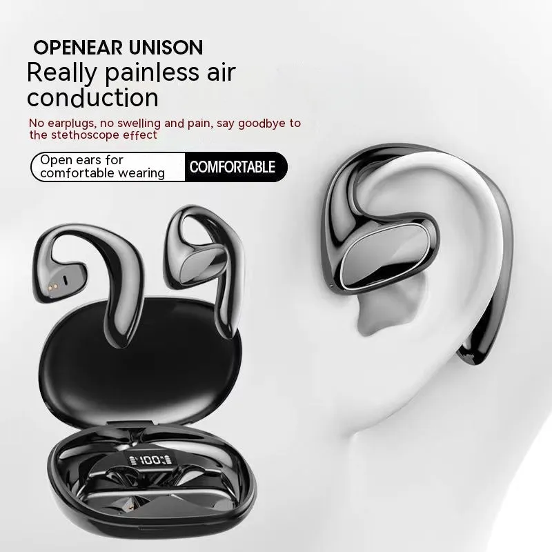 Wireless Bluetooth non-in-ear ear-mounted headset with digital display, available in black, blue, white, and skin colour