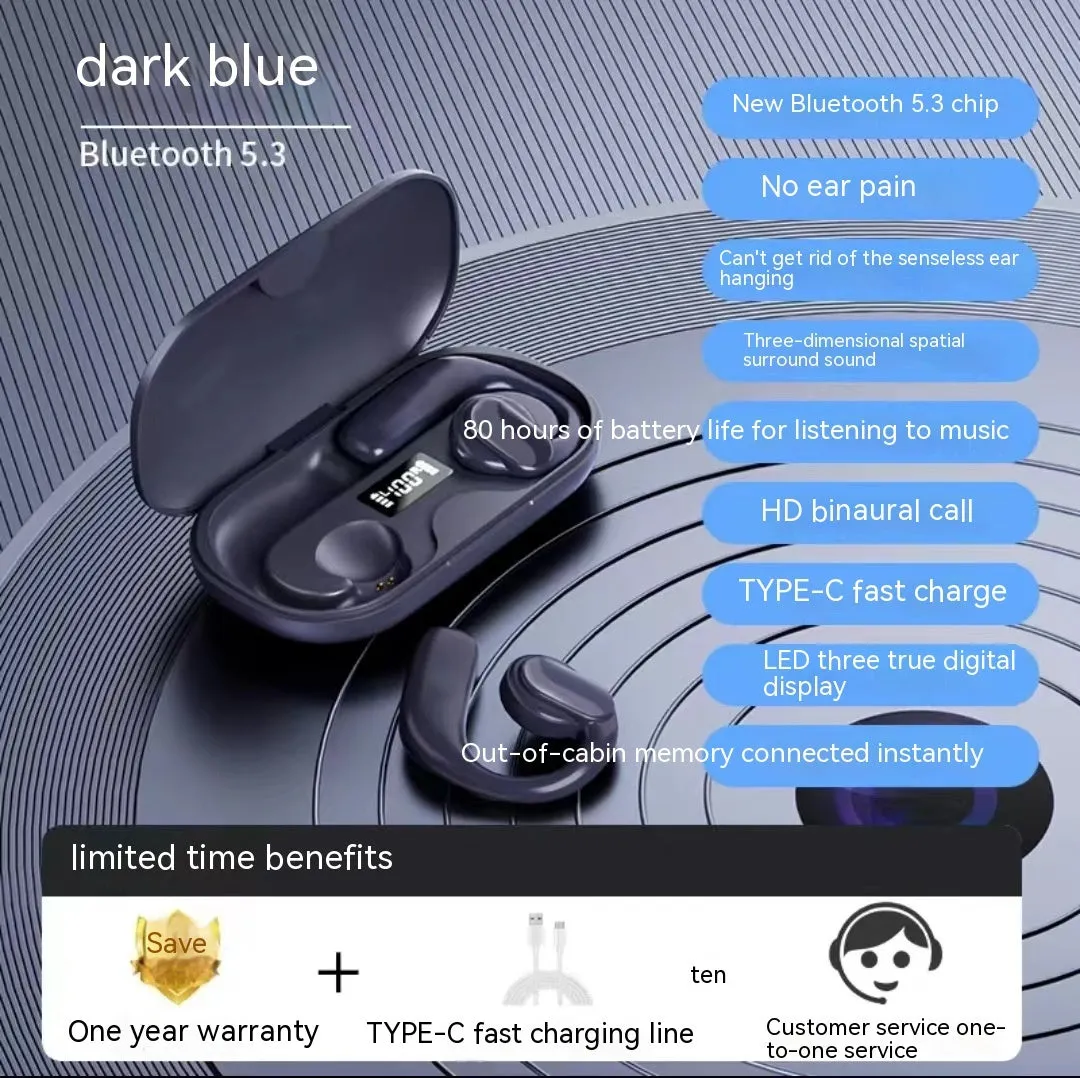 Wireless Bluetooth non-in-ear ear-mounted headset with digital display, available in black, blue, white, and skin colour