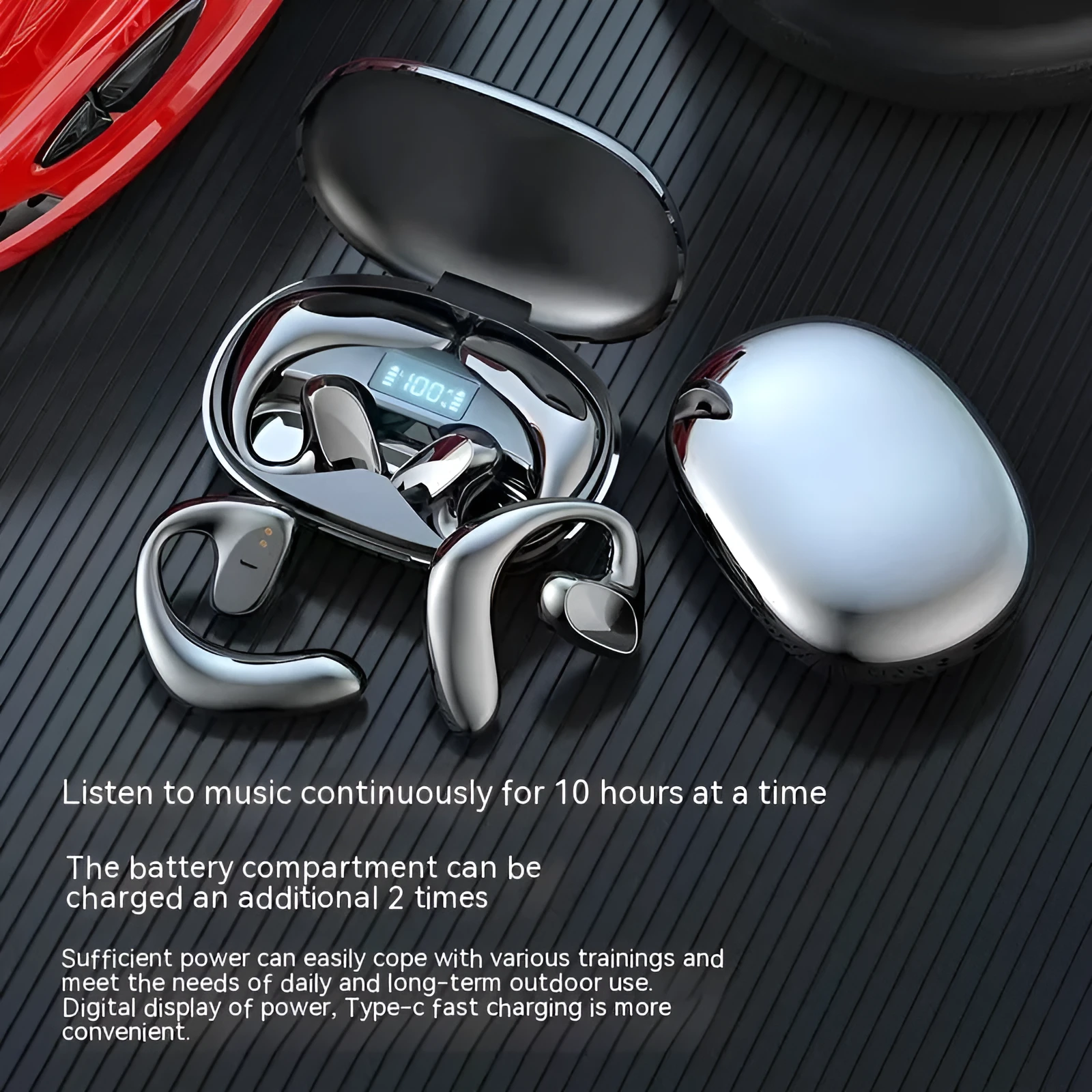Wireless Bluetooth non-in-ear ear-mounted headset with digital display, available in black, blue, white, and skin colour