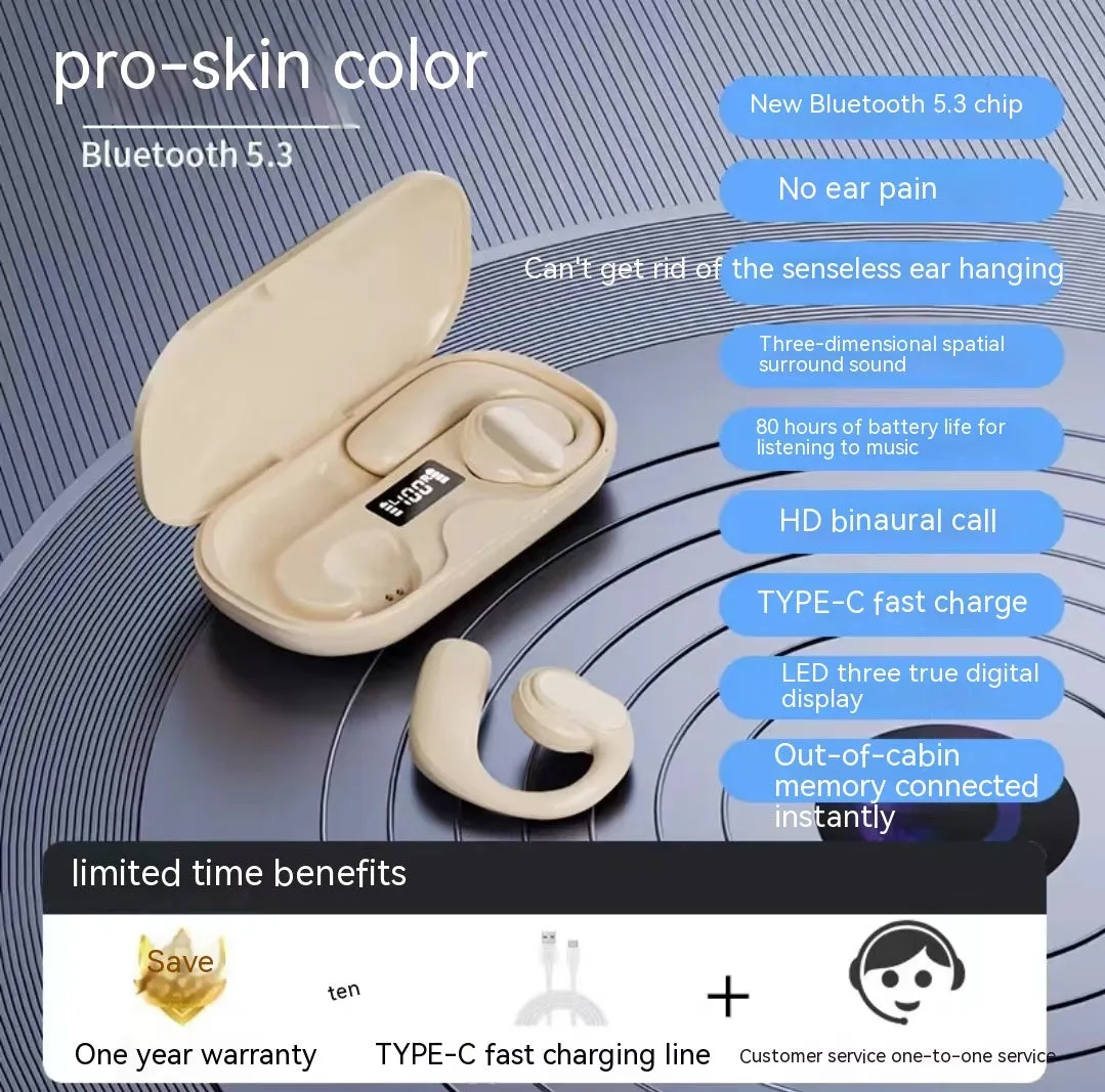 Wireless Bluetooth non-in-ear ear-mounted headset with digital display, available in black, blue, white, and skin colour