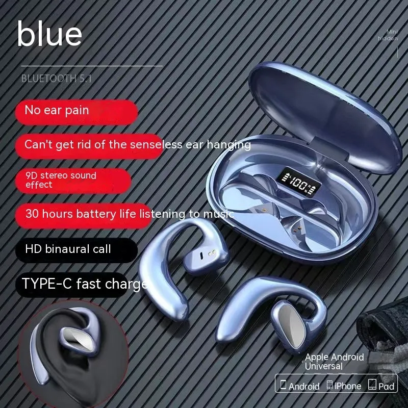 Wireless Bluetooth non-in-ear ear-mounted headset with digital display, available in black, blue, white, and skin colour