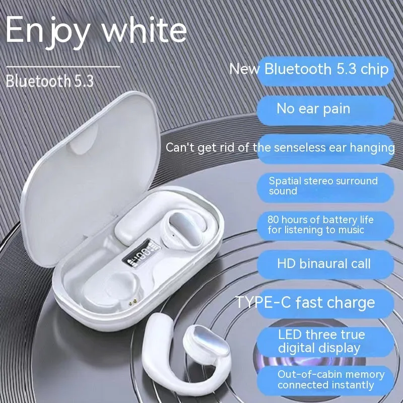 Wireless Bluetooth non-in-ear ear-mounted headset with digital display, available in black, blue, white, and skin colour