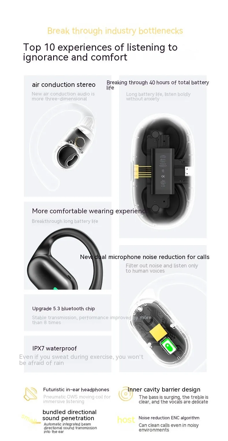 Bone conduction sports headset in black with digital display and ear hook design