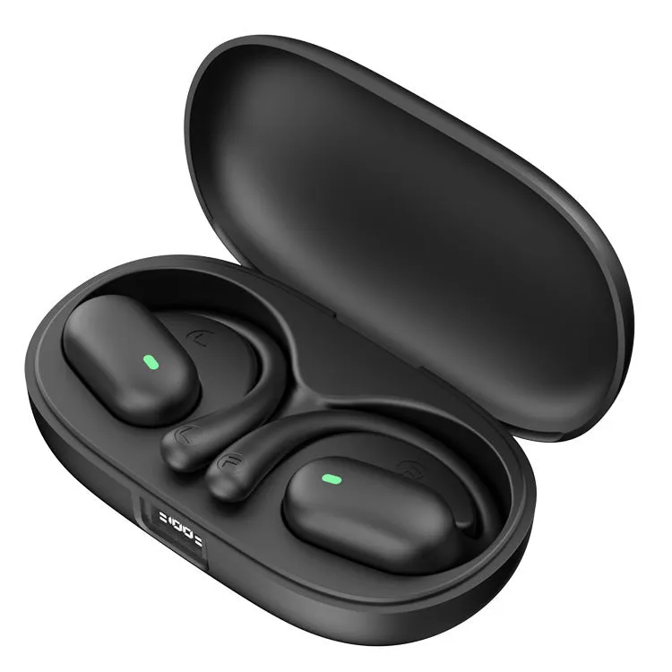 Bone conduction sports headset in black with digital display and ear hook design