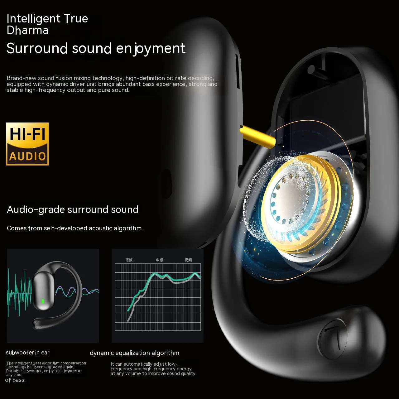 Bone conduction sports headset in black with digital display and ear hook design