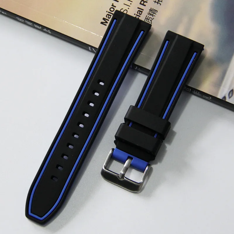 Sweat resistant dual colour silicone watch strap in black blue with needle buckle, matte finish, 20mm width