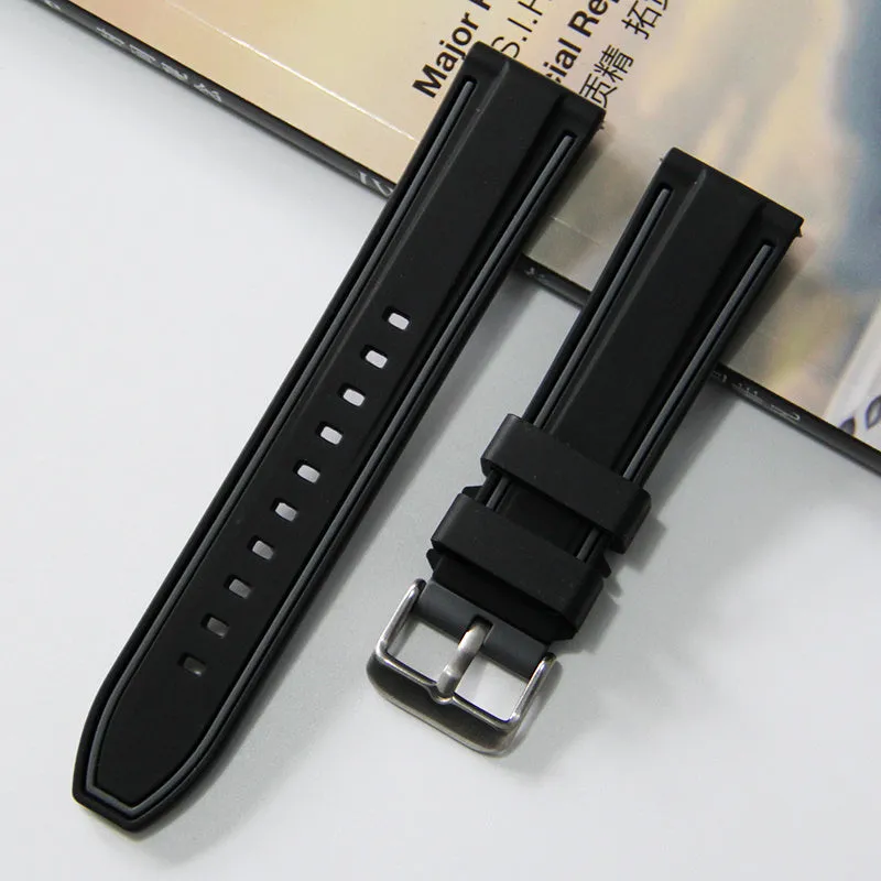 Sweat resistant dual colour silicone watch strap in black blue with needle buckle, matte finish, 20mm width