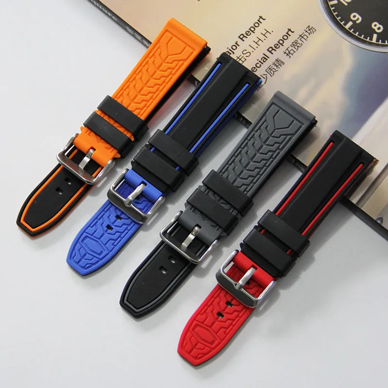 Sweat resistant dual colour silicone watch strap in black blue with needle buckle, matte finish, 20mm width