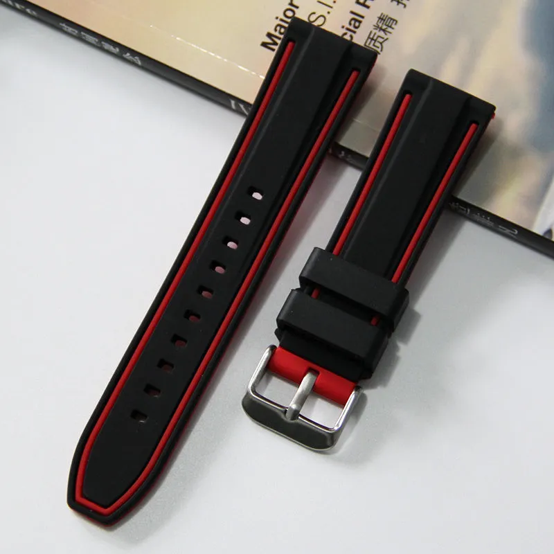 Sweat resistant dual colour silicone watch strap in black blue with needle buckle, matte finish, 20mm width