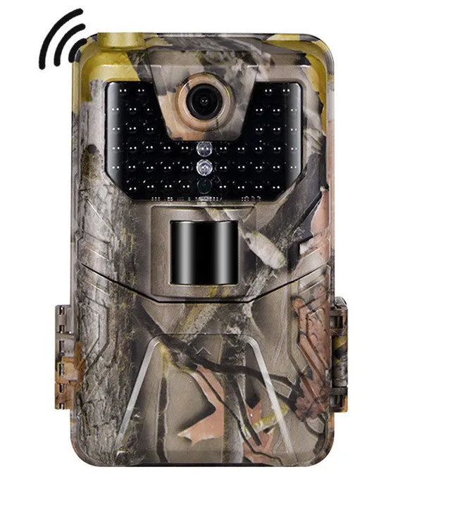 Compact camouflage infrared hunting camera with Bluetooth for mobile APP connectivity.